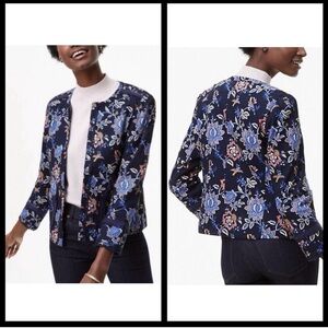 Loft Bird Floral Print Open Front Cropped Jacket Navy Pom Pom Trim Size 0